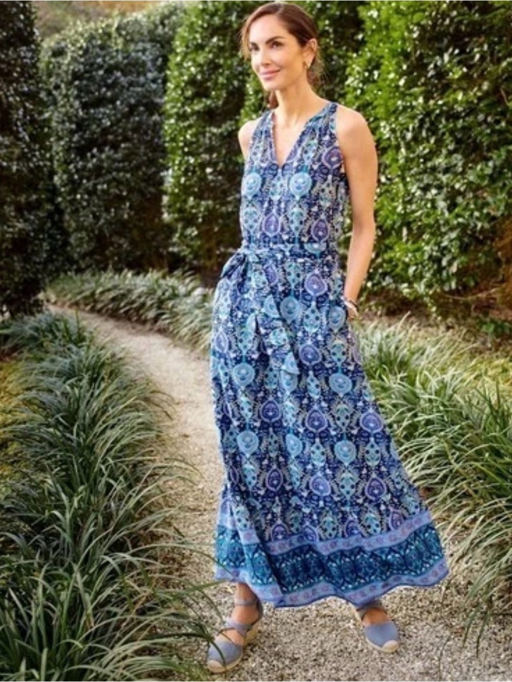 Talbots Floret Medallion Tie Waist Maxi Dress Tiered Cotton Cottagecore Size 4P